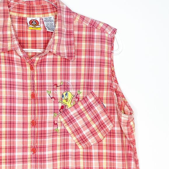 Looney Tunes Tweety Shirt Plaid Embroidered Sleeveless Button‎ Up Size 14W 16W - Picture 3 of 10